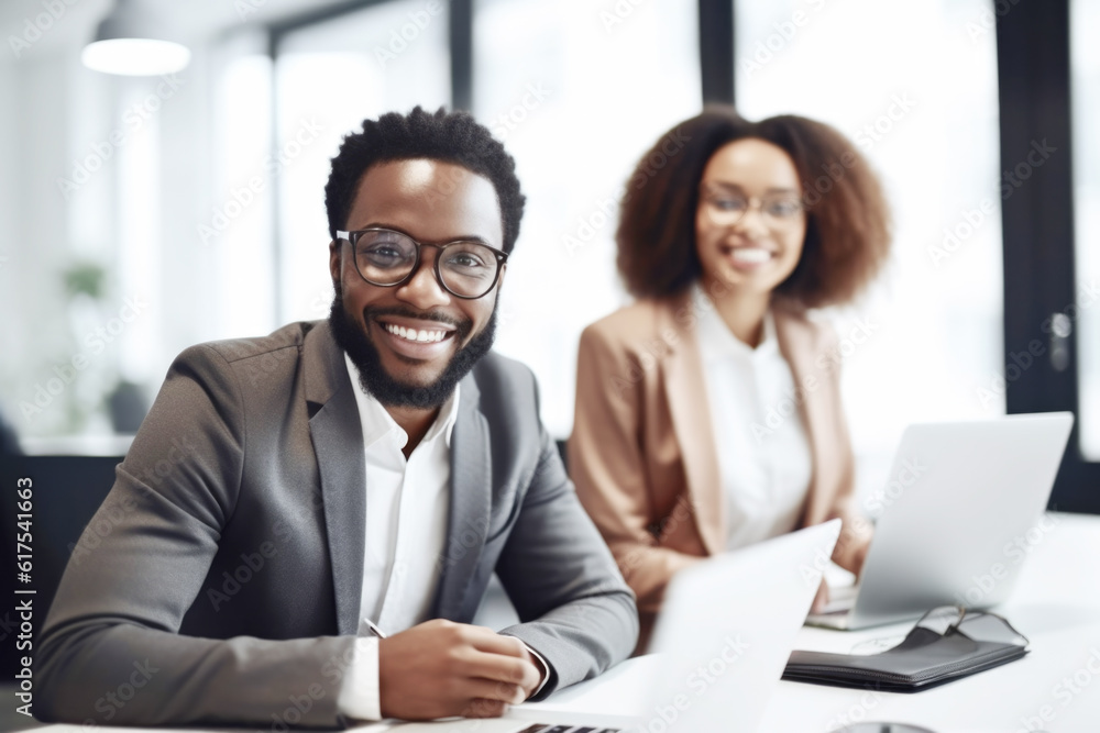 Obraz premium Happy smiling black business man in a meeting with his female colleague in the office