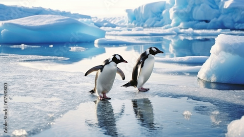 A Pair of penguins in search of food. Habitat reduction. Concept of climate change, lack of ice, and global warming. Antarctic landscape. Banner