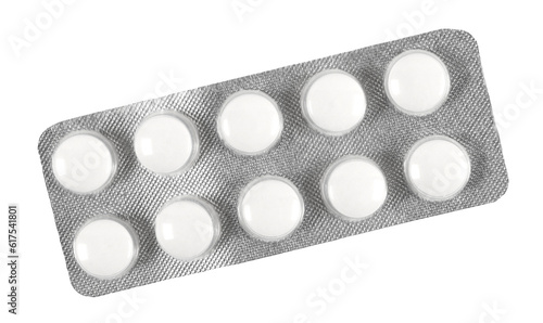 Tablets in strip isolated on white, top view