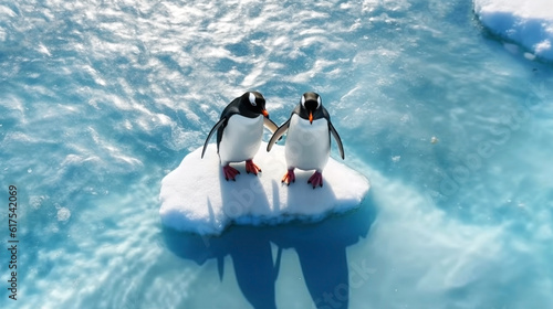 Pair of penguins float on the ice floe in the Southern Ocean in Antarctica in search of food. The effects of global warming, melting glaciers, and climate change. View from above. Copy space photo