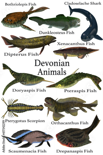 A collection of various aquatic animals that lived during the Devonian Period of Earth's history.