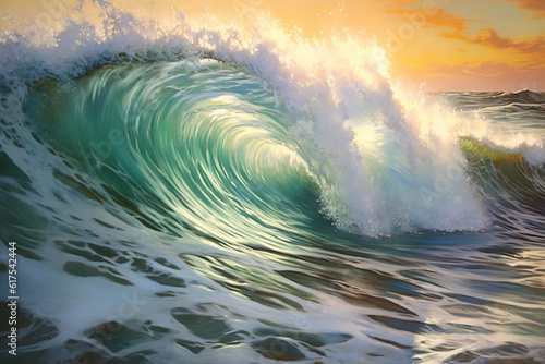 Seascape, sunset, big wave, dramatic lighting. Watercolor. Generative AI.