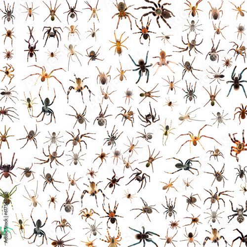 Illustration created by Artificial Intelligence of many spiders isolated on white background. Generative AI