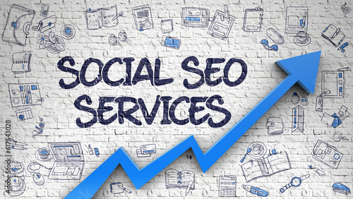Social SEO Services - Modern Style Illustration with Hand Drawn Elements. Social SEO Services - Increase Concept with Doodle Icons Around on White Brickwall Background.