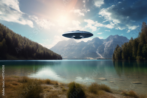  ufo flying over a lake  generative ai.