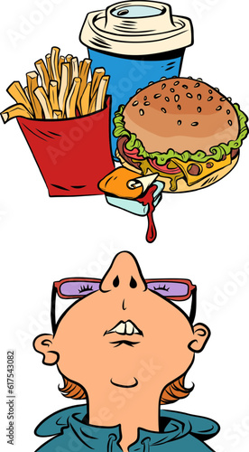 Thinking about delivering delicious fast food to your home. Bad food for our health, and we still want it. A man with glasses looks up, and there are french fries, a burger, soda and sauce.