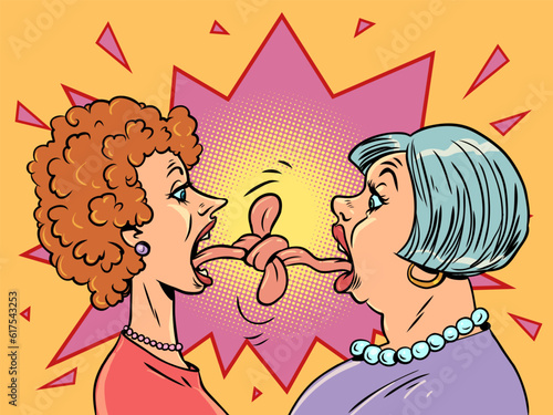 The tongue sometimes hurts more than a knife. Arguing between people does not lead to anything good. Two aged women stand opposite each other with intertwined tongues.