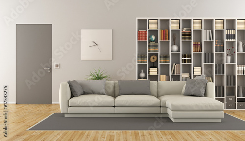 Modern living room with sofa bookcase and closed door - 3d rendering
