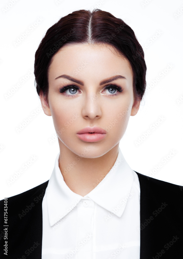 Business office girl portrait wearing black suit .Shot in studio on white background. Business office girl portrait wearing black suit .Shot in studio on white background.
