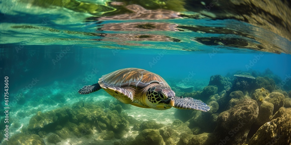 Obraz premium big water turtle swimming in the ocean near the bottom