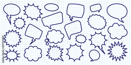 Hand drawn comic speech bubbles on checkered paper sheet. School notebook for drawing. Simple retro cartoon stickers. Chatting, message box. Vector illustration