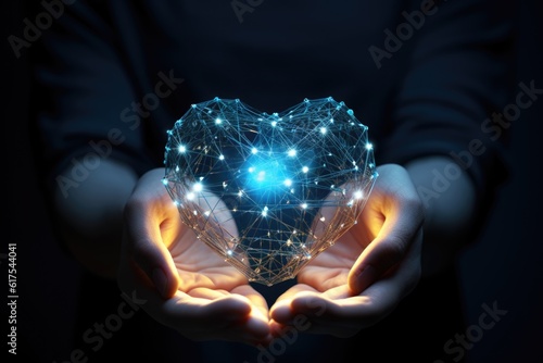 Blue Heart Shape Network in Hands - health data - information exchange - data visualization - love as virtual gift - generative ai	
