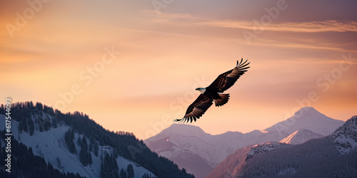 Big White Eagle soars in the sky against snowy Mountains