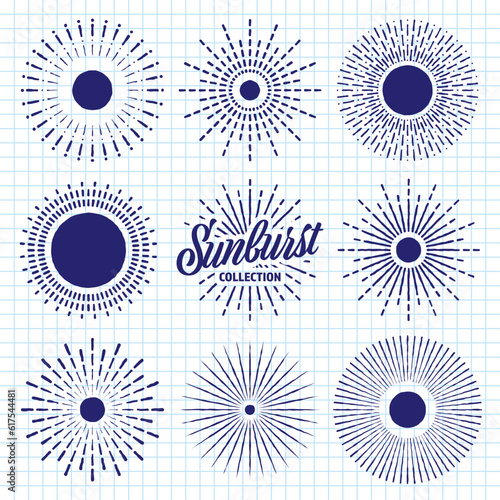 Hand drawn vintage sunburst, sunset beams on checkered paper sheet. Bursting sun, light rays. Logotype or lettering design element in retro style. School notebook for drawing. Vector illustration