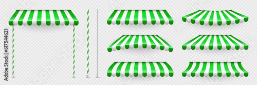 Green shop sunshade with stand holders. Realistic striped cafe awning. Outdoor market tent. Roof canopy. Summer street store. Vector illustration