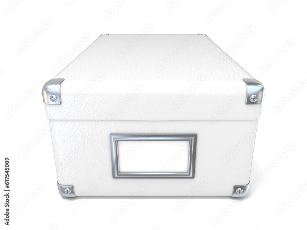 White leather closed box, with chrome corners and blank label. Front view. 3D render illustration isolated on white background White leather closed box, with chrome corners and blank label. Front view. 3D render illustration isolated on white background