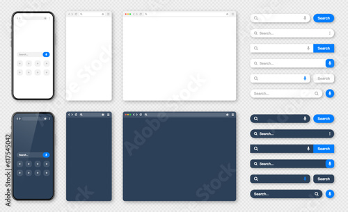 Smartphone, blank internet browser window with various search bars. Web site engine with search box, address bar and text field. UI design, website interface. Dark, light modes. Vector illustration