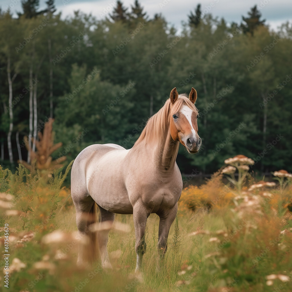 Full body shot of a horse grazing in a field full of flowers. Full body shot of a horse grazing in a field full of flowers.