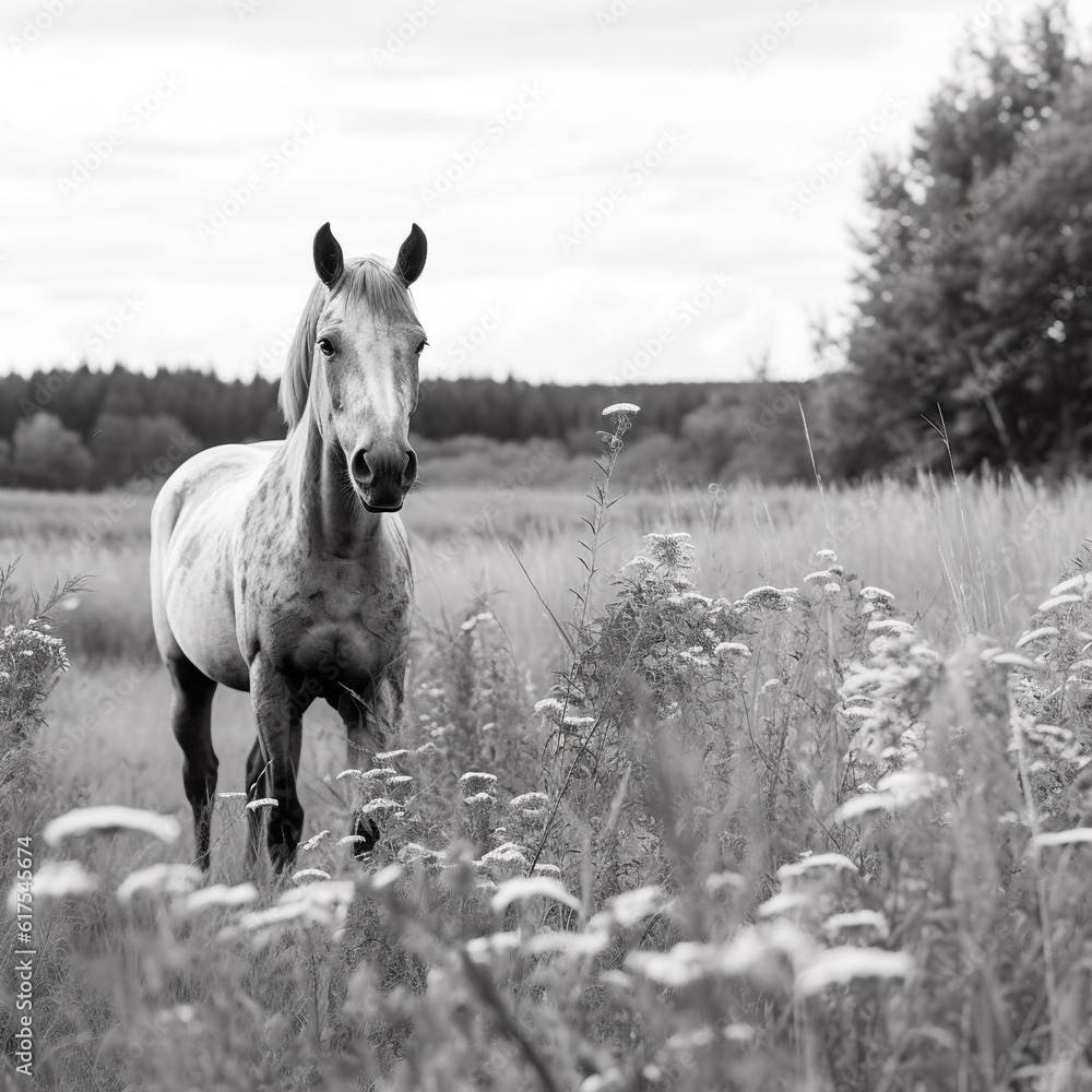 Black and White image of Horse grazing in a flower field, Black and ...
