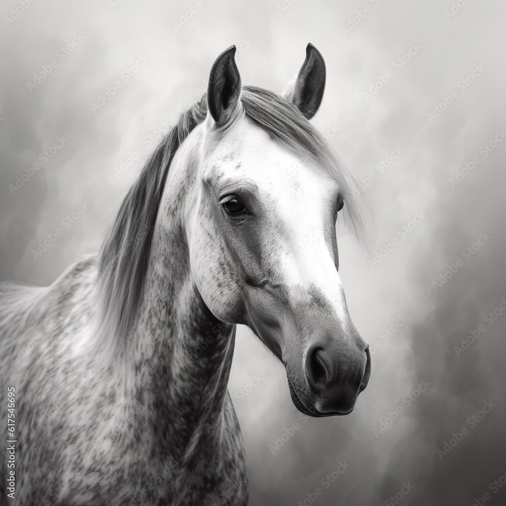 Obraz premium Black and White Horse Portrait, Rusti Midwestern Farmhouse Animal Portrait, 4k AI-Generated Horse Portrait