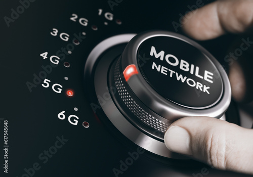 Man turning the mobile network selector button to the next 5G generation. Telecommunication standards concept. Composite between an image and a 3D background.