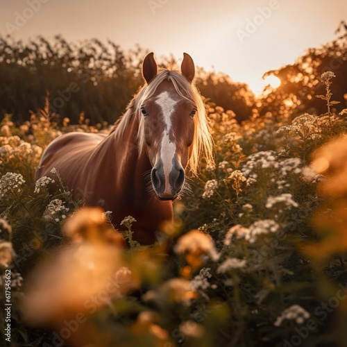   Full body shot of a horse grazing in a field full of flowers during golden hour at sunset. 