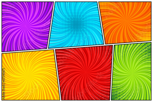 Colorful twisted comic book radial rays, lines. Comics background with motion, speed lines. Pop art style elements. Vector illustration © 32 pixels