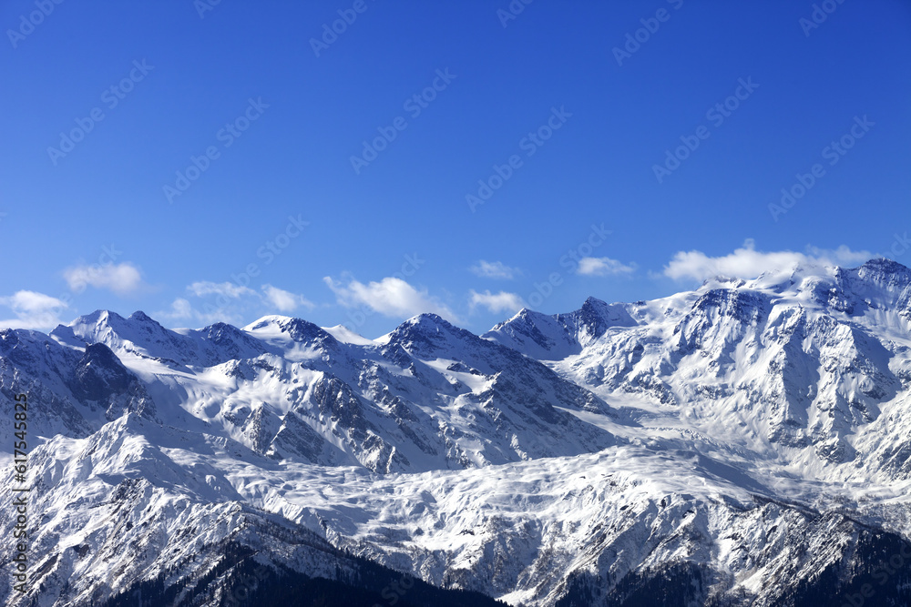 Snow winter mountains in nice sunny day. Caucasus Mountains. Svaneti region of Georgia.