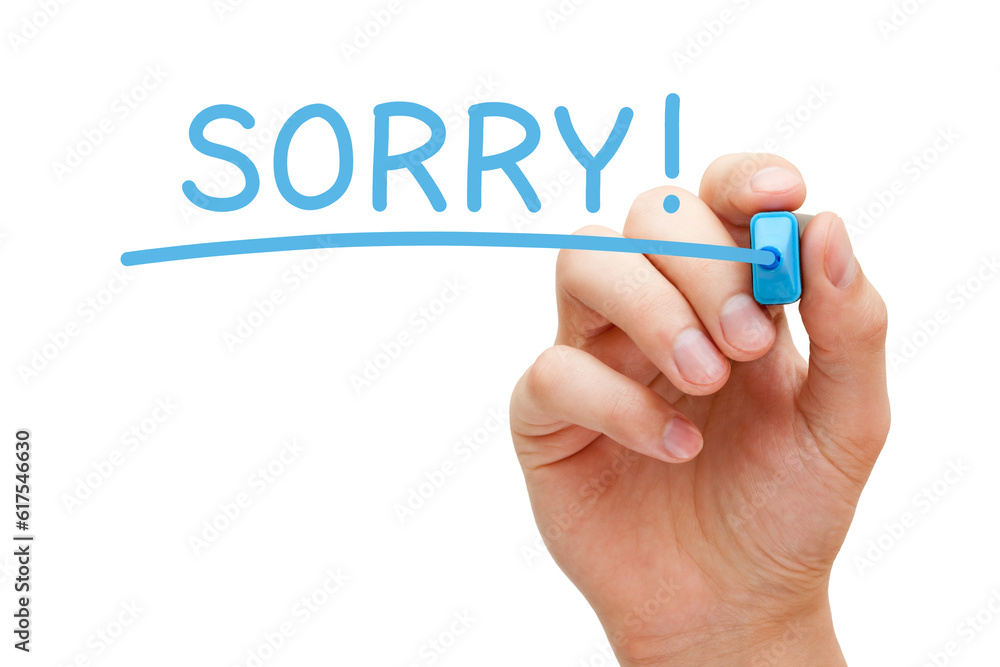 Hand writing Sorry with blue marker on transparent glass board isolated on white. Hand writing Sorry with blue marker on transparent glass board isolated on white.