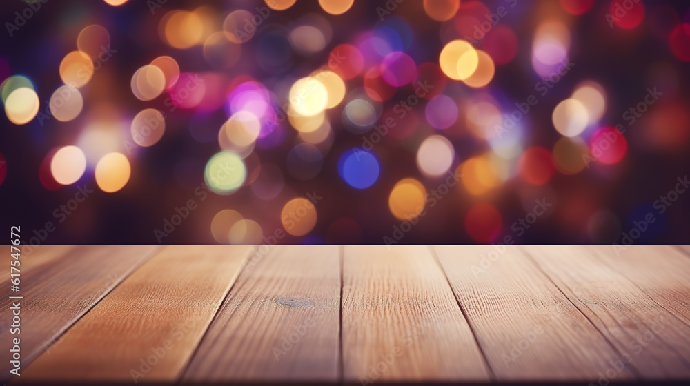 Empty wooden table top with effect of bokeh, product presentation concept
