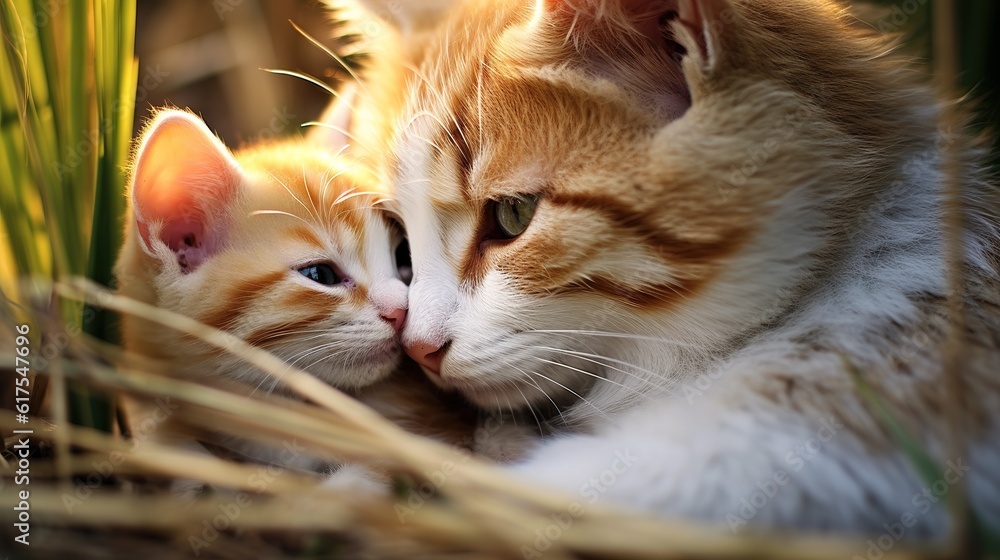 Naklejka premium A Captivating Scene of Motherly Love and Innocence Between a Cat and her Kitten