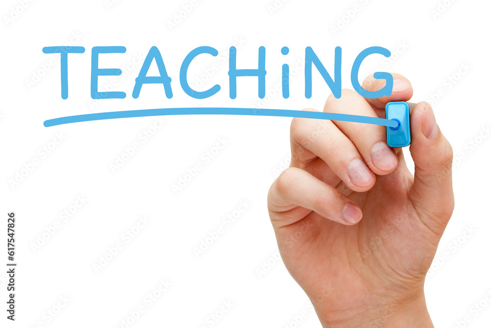 Hand writing Teaching with blue marker on transparent glass board. Hand writing Teaching with blue marker on transparent glass board.