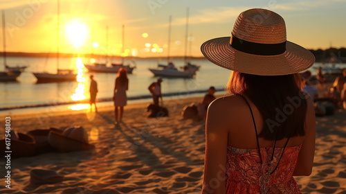 woman in straw hat and glass of sparkling orange woman in straw hat and glass of sparkling orange water on wooden table top on beach, on the horizon a silhouette of people relaxing on sunset 