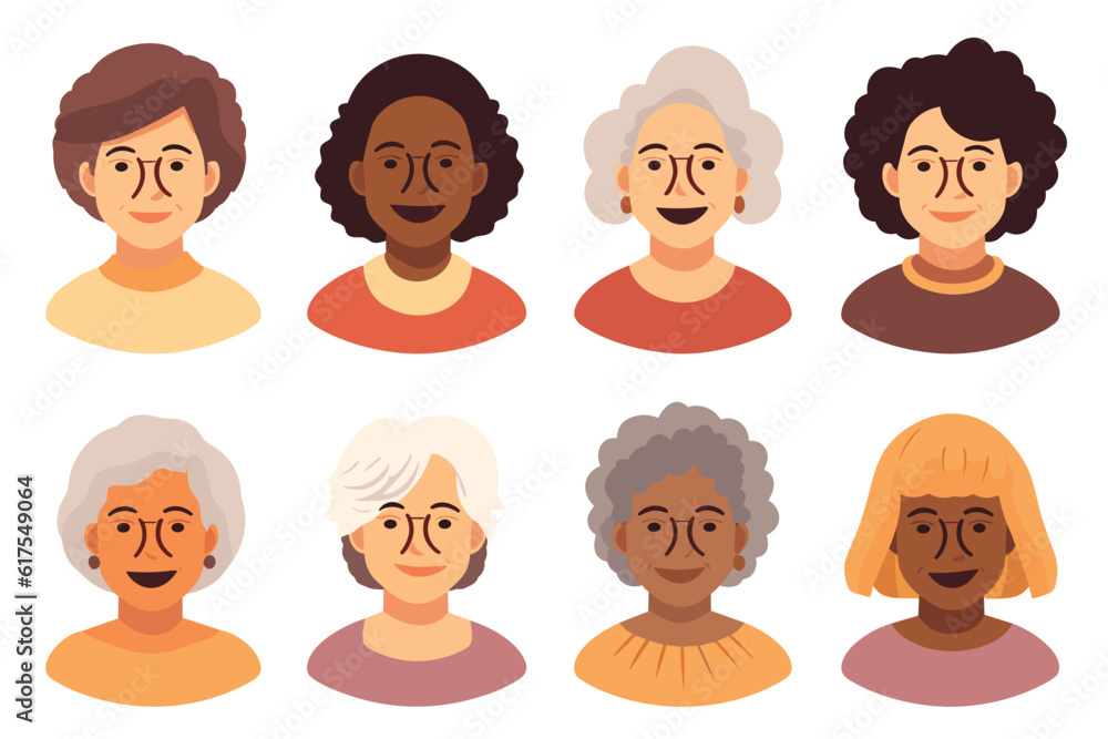 Portrait of grandmas with unique skin tones vector isolated illustration Portrait of grandmas with unique skin tones vector isolated illustration