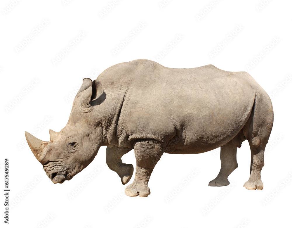 White rhinoceros (square-lipped rhinoceros, Ceratotherium simum). Isolated on white background White rhinoceros (square-lipped rhinoceros, Ceratotherium simum). Isolated on white background