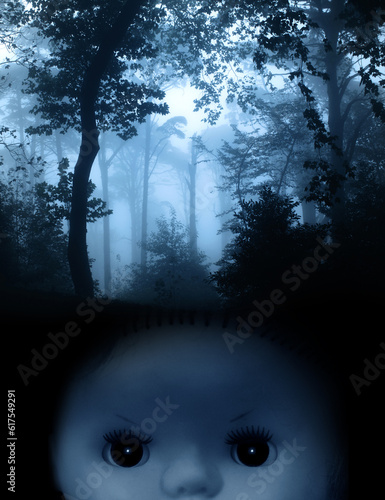 Fototapeta Naklejka Na Ścianę i Meble -  Vintage evil spooky doll and mysterious landscape of foggy forest