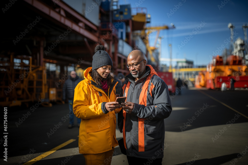 Female Industrial Engineer with Tablet Computer and Male Foreman Worker in Hard Hats Walk in Container Terminal Female Industrial Engineer with Tablet Computer and Male Foreman Worker in Hard Hats Walk in Container Terminal