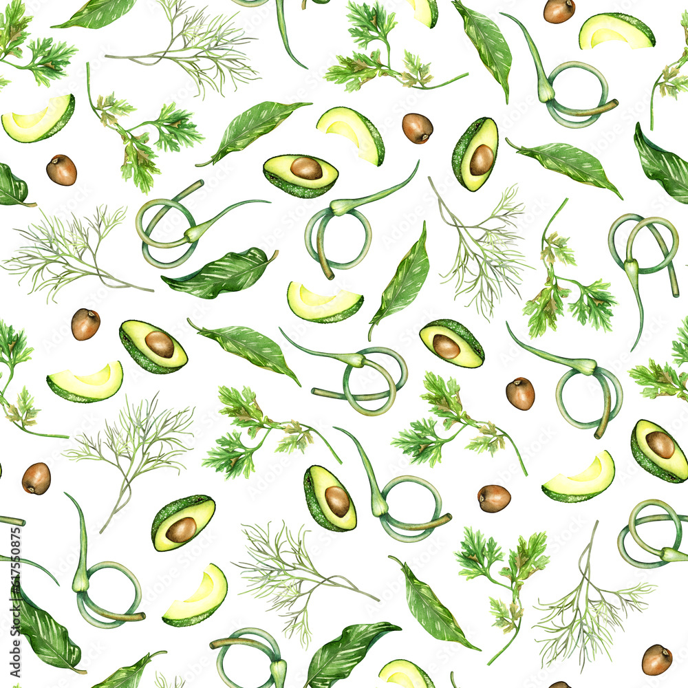 Obraz premium Seamless pattern, avocado, spices, watercolor hand drawn. For design, fabric, packaging, food and kitchen, cafe and restaurant towels.