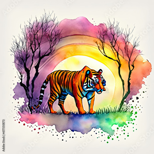 watercolor Sunset with tiger clipart vector flat color 2d style white background © FREELAN SHAH SULTAN