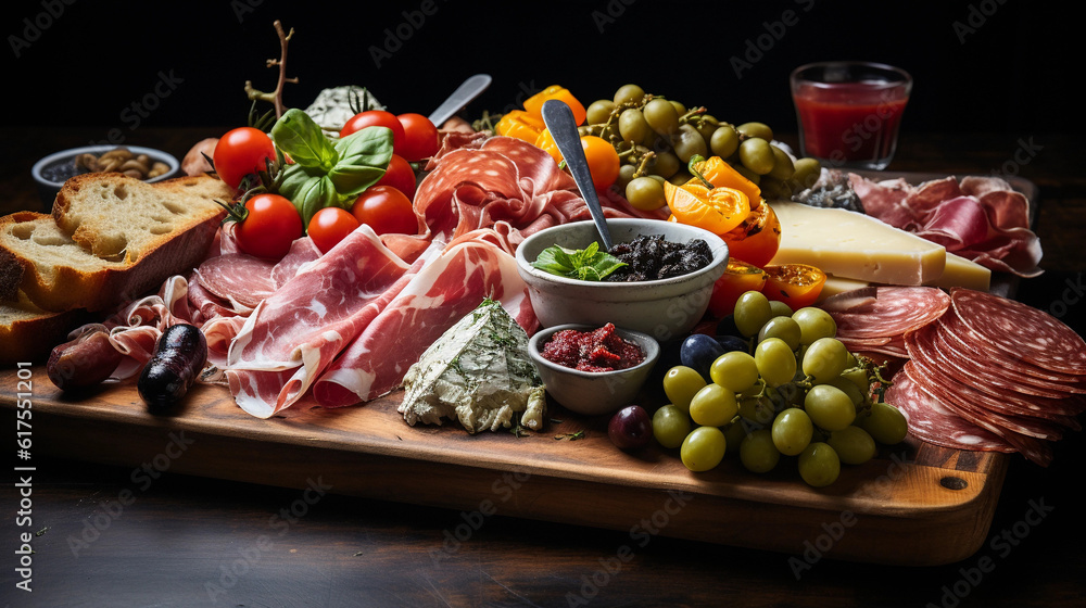 A board of assorted antipasto, featuring cured meats, olives, marinated vegetables, and artisanal bread A board of assorted antipasto, featuring cured meats, olives, marinated vegetables, and artisanal bread