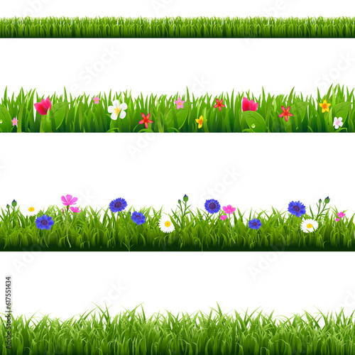 Big Set Green Grass And Spring Flowers Borders With Gradient Mesh, Vector Illustration