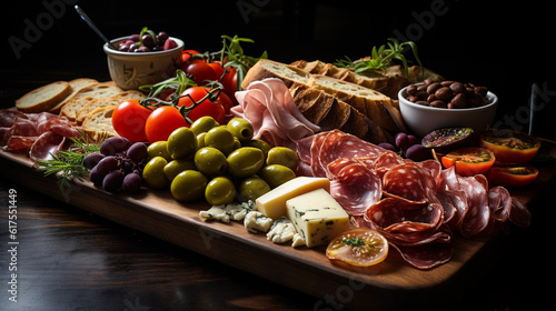 A board of assorted antipasto, featuring cured meats, olives, marinated vegetables, and artisanal bread