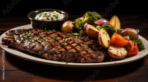 A plate of tender and juicy grilled steak with a side of roasted potatoes and sautéed vegetables © Milan