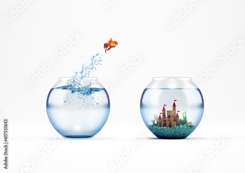 Goldfish leaping in an aquarium with a castle. Improvement and progress concept. 3D Rendering