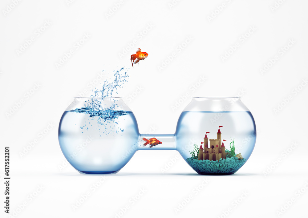 Goldfish leaping in an aquarium with a castle instead another fish pass from the tube. way to improvement and progress concept. 3D Rendering Goldfish leaping in an aquarium with a castle instead another fish pass from the tube. way to improvement and progress concept. 3D Rendering