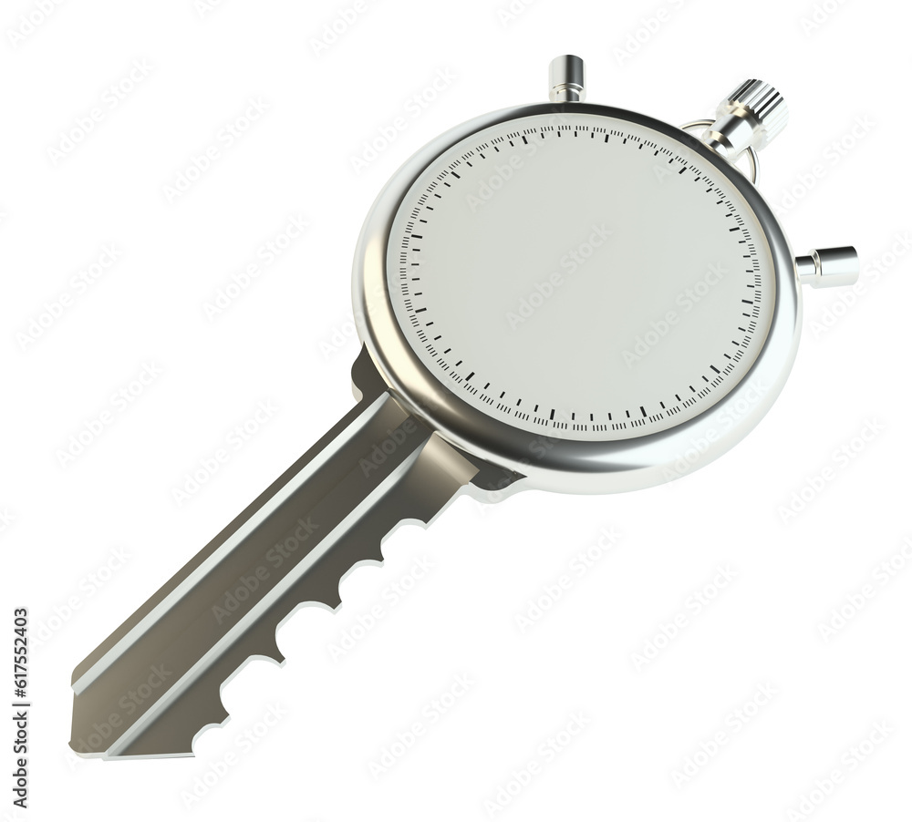 Key with stopwatch. Empty space on clock face for your content. 3d illustration. Isolated on white. Template for your design Key with stopwatch. Empty space on clock face for your content. 3d illustration. Isolated on white. Template for your design