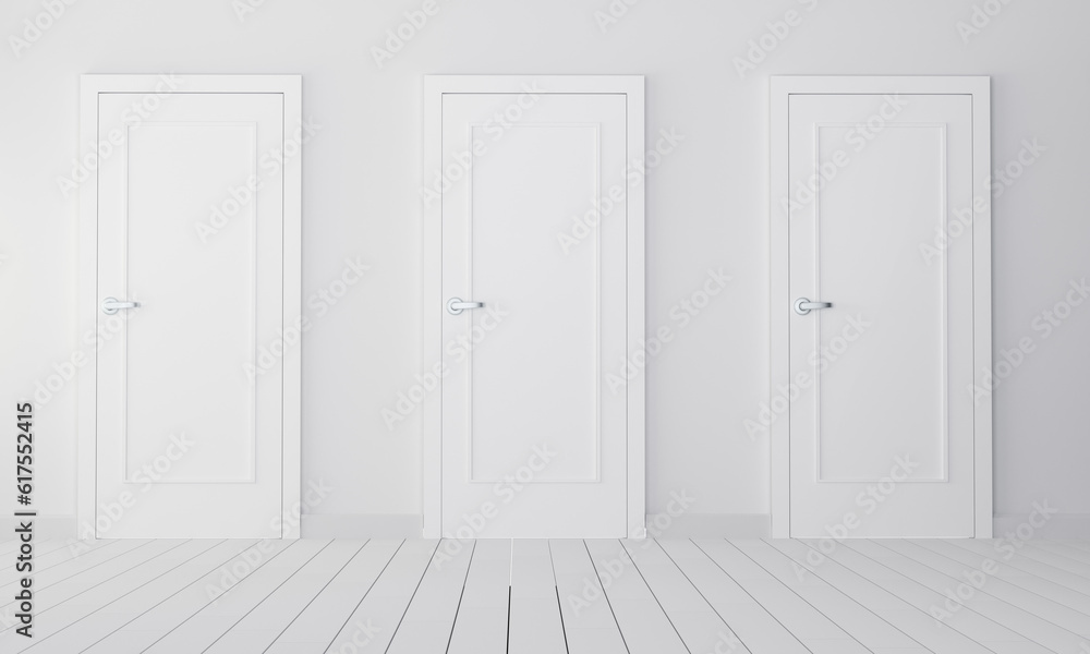 Interior with three white closed doors. 3d rendering Interior with three white closed doors. 3d rendering