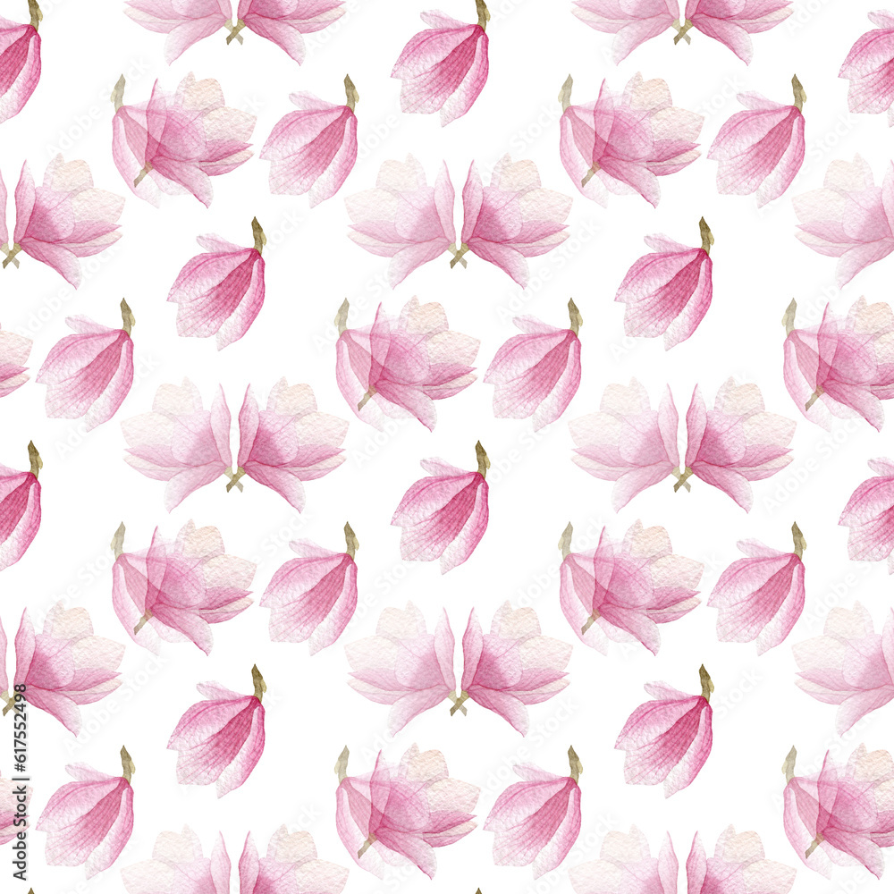 watercolor blooming magnolia pattern isolated on white background. seamless spring design