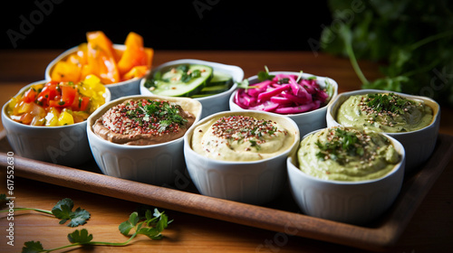 A platter of colorful and crunchy crudité cups with hummus or creamy dip