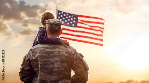 Rear view of military man father carrying his son, american flag on background Happy reunion of soldier with family, 4th july, Memorial Day, Labour Day, independence day, veteran day, , generative ai photo